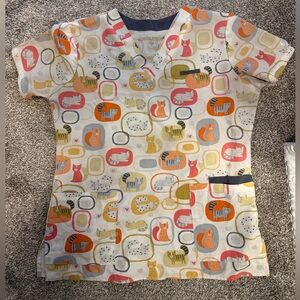 Colorful Cat Print Scrub Top